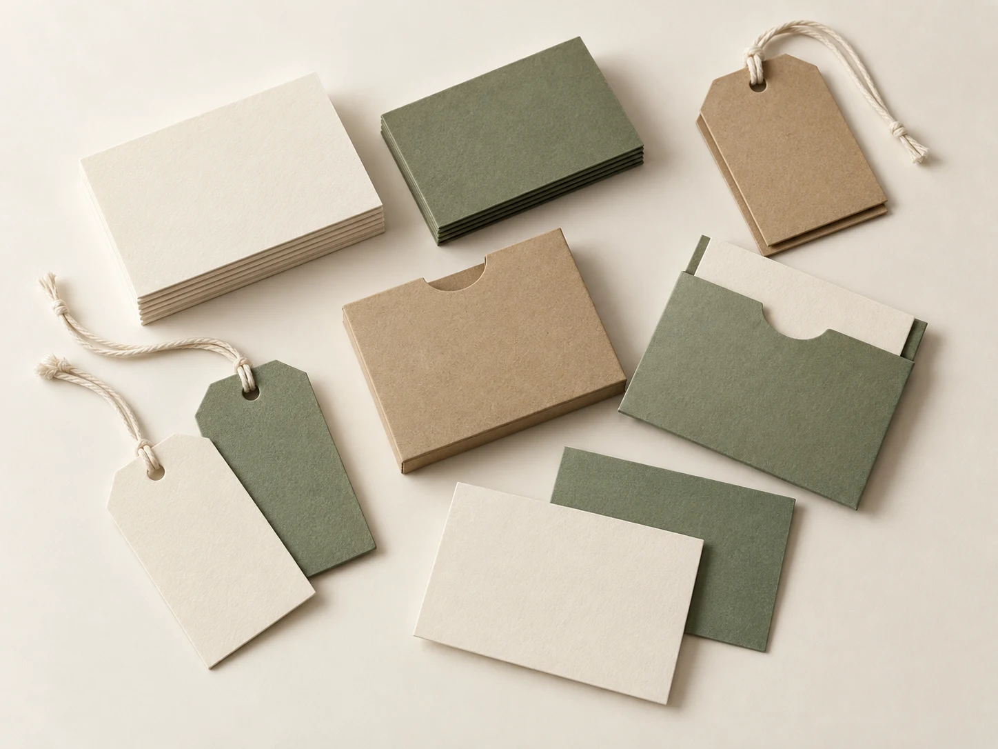 Blank paper cards, hang tags with strings and paper sleeves
