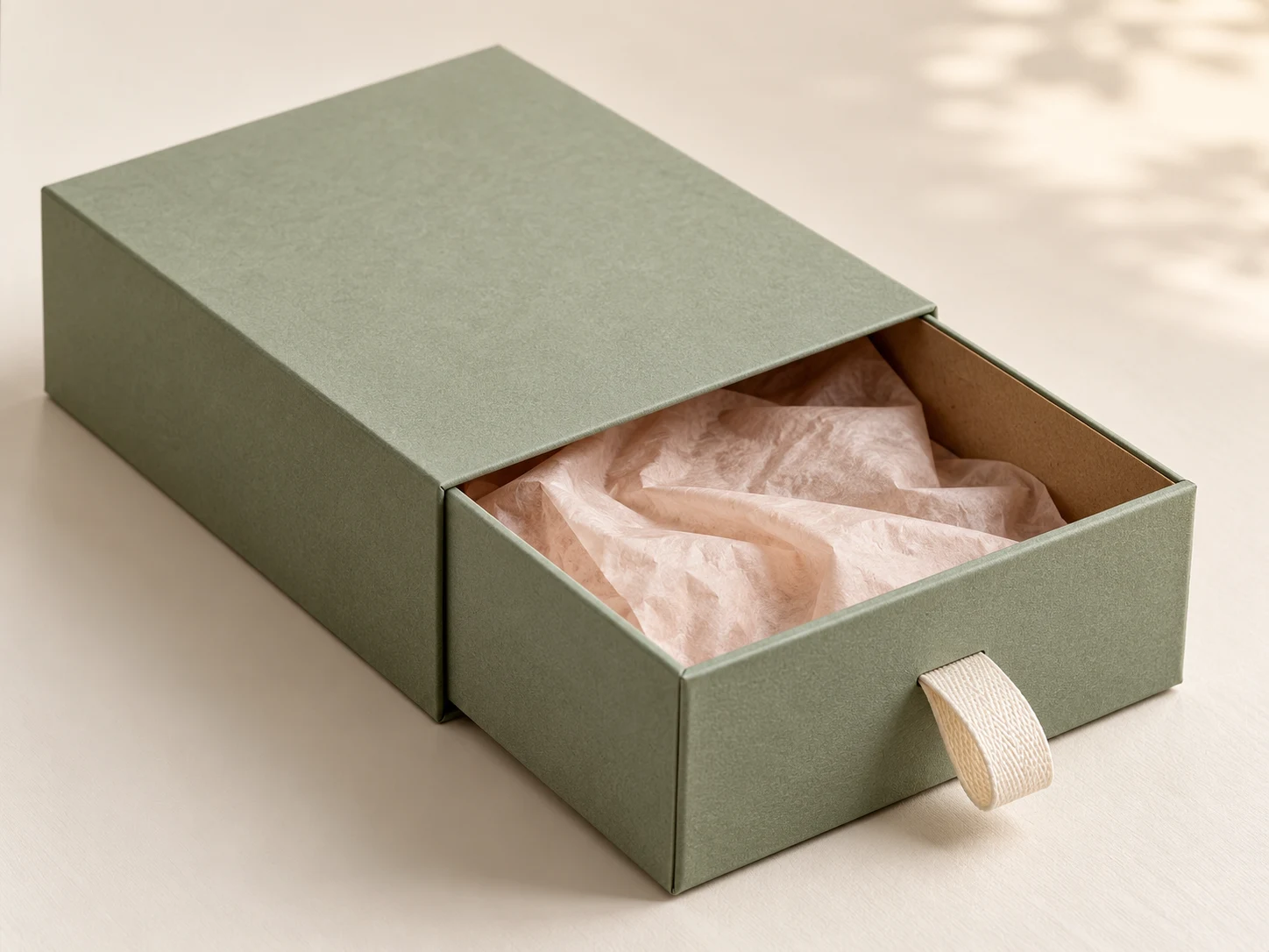 Open sage drawer gift box showing tray, sleeve and ribbon pull