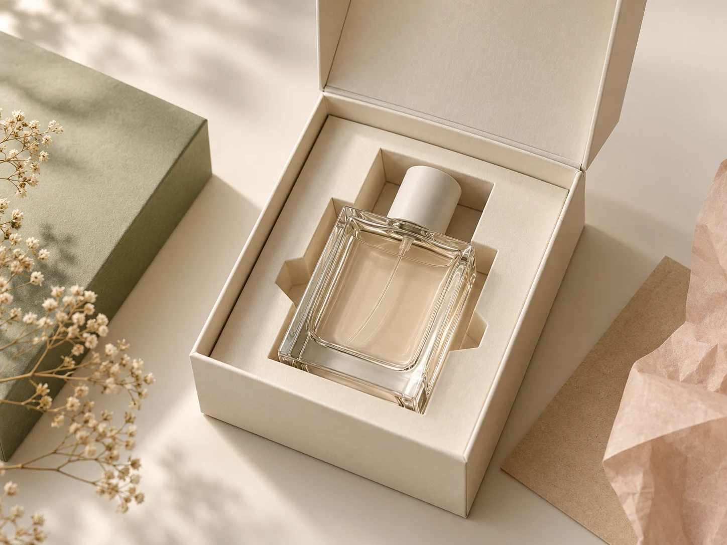 Perfume presentation box with folded paperboard insert