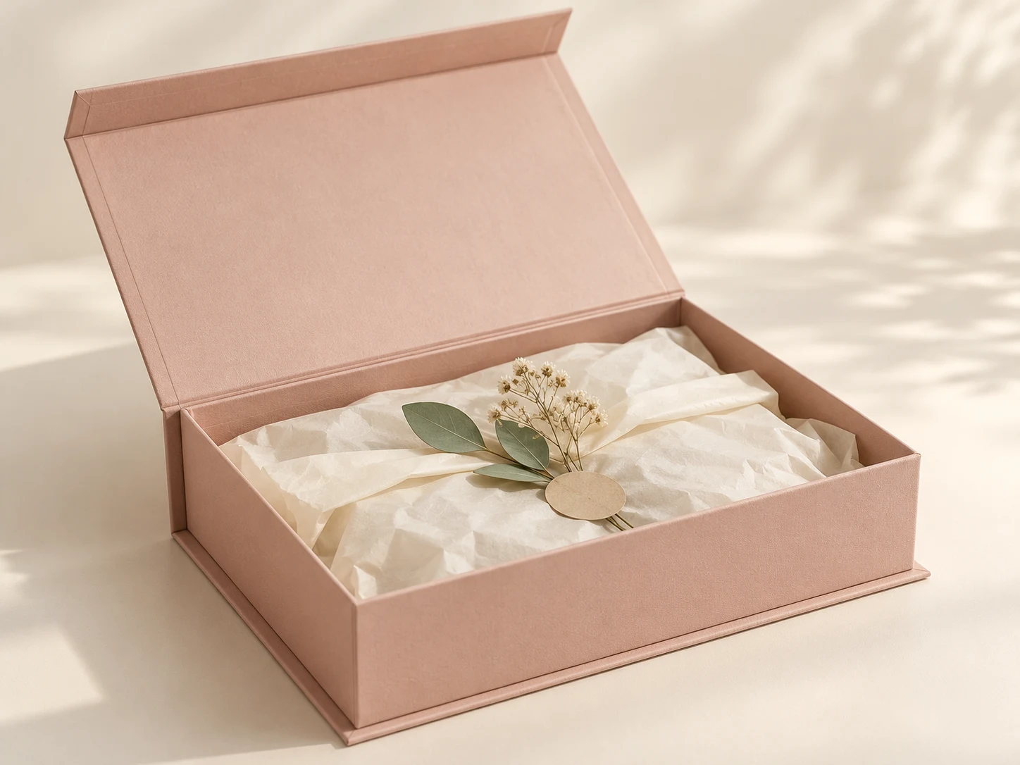 Blush magnetic book-style box with open lid