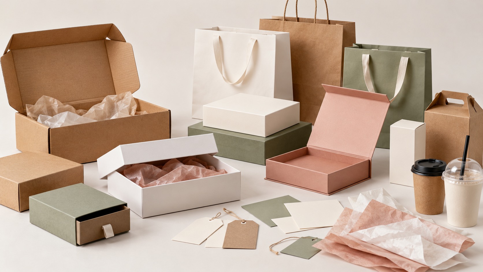 Unbranded paper gift boxes, shopping bags, tags, tissue wrapping paper and takeaway cups in a neutral studio setting