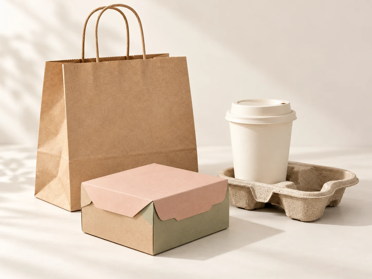 Kraft café bag, pastry carton and opaque paper cup