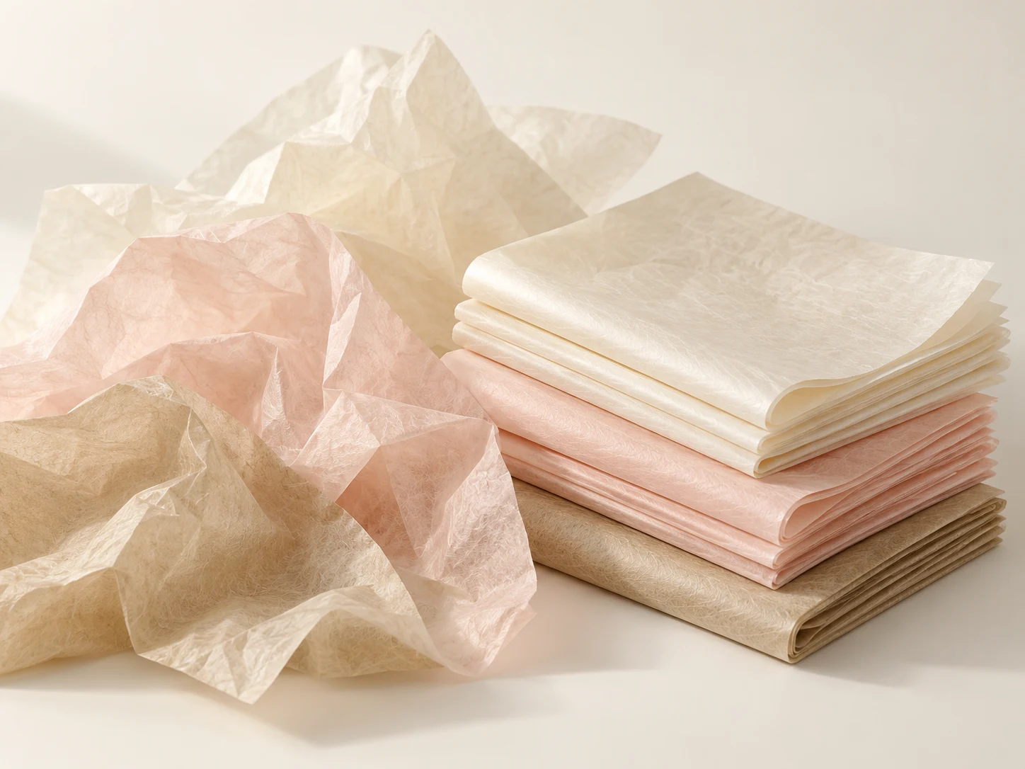 Folded and softly crumpled tissue wrapping paper